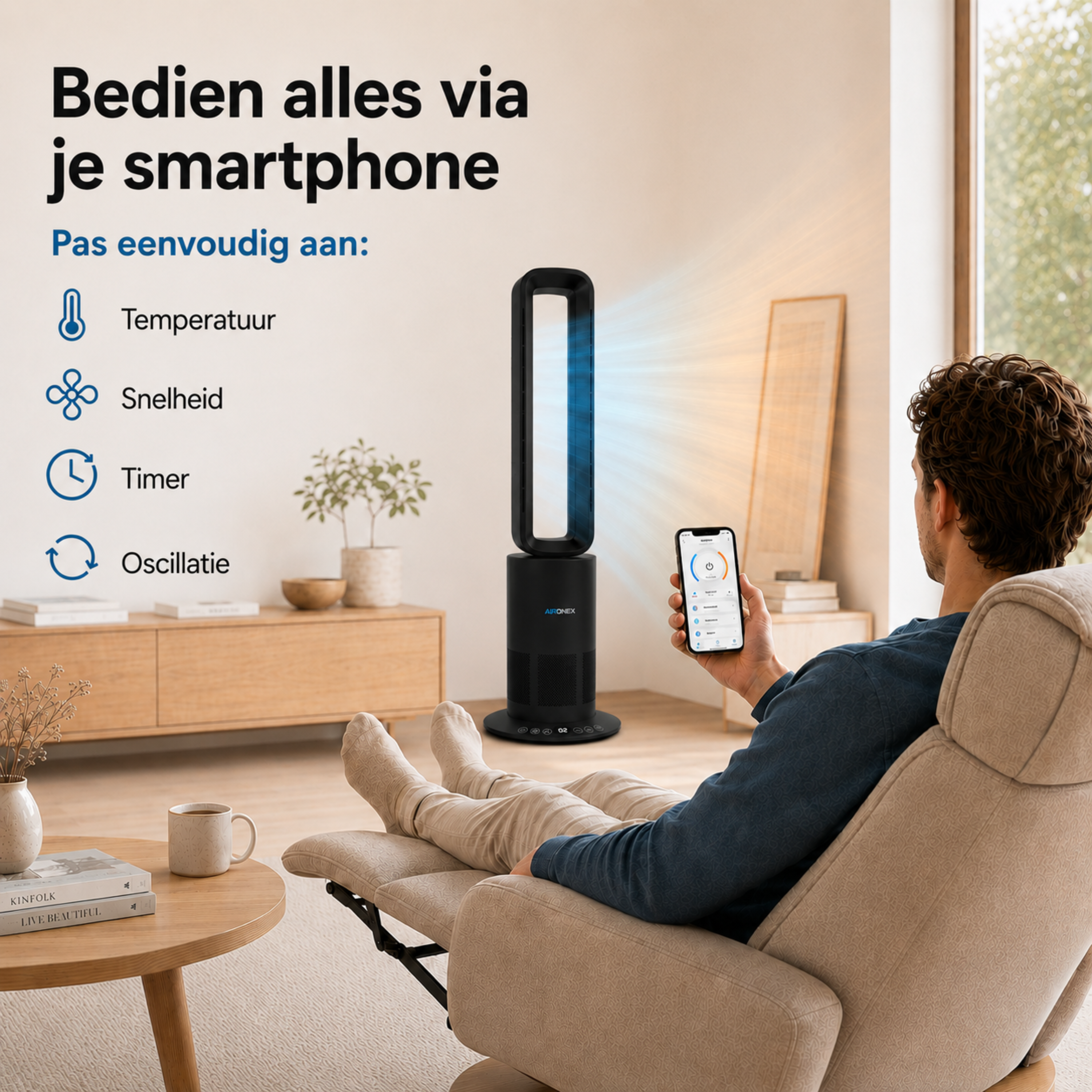 Bladloze Ventilator Zwart - Verwarmen en Verkoelen- Met Wifi