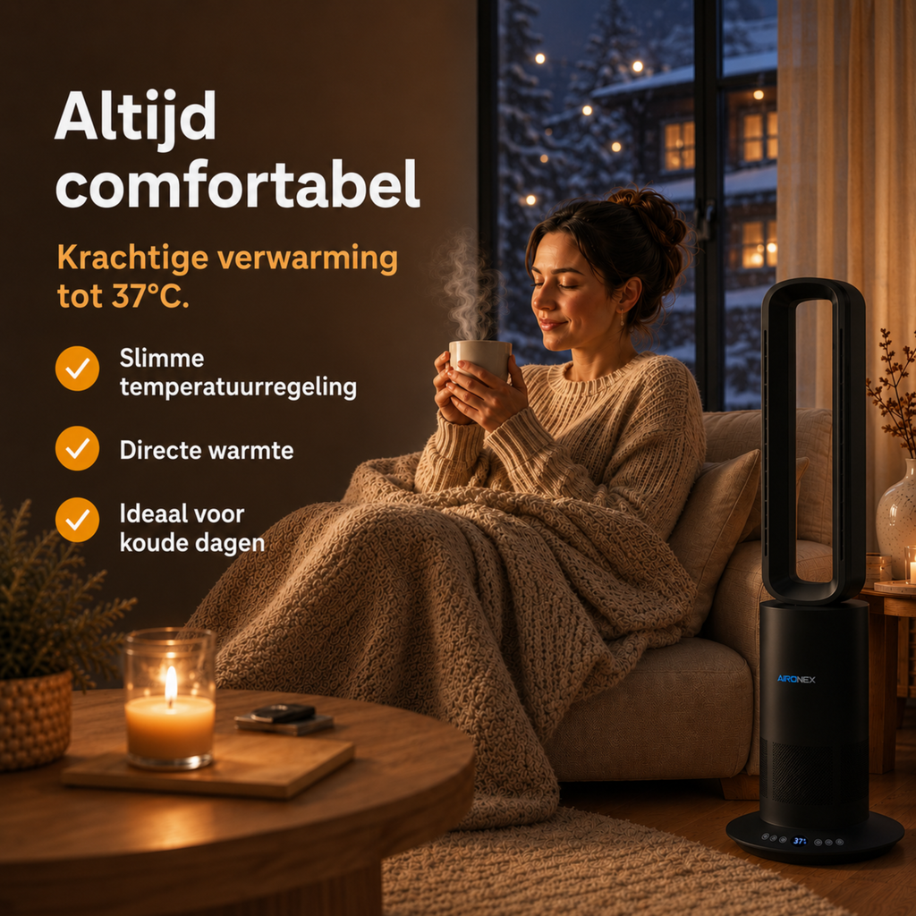 Bladloze Ventilator Zwart - Verwarmen en Verkoelen- Met Wifi