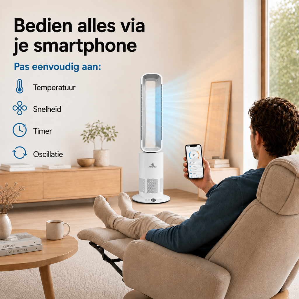 Aironex Bladloze Ventilator - Energiezuinige Luchtkoeler - Met Wifi